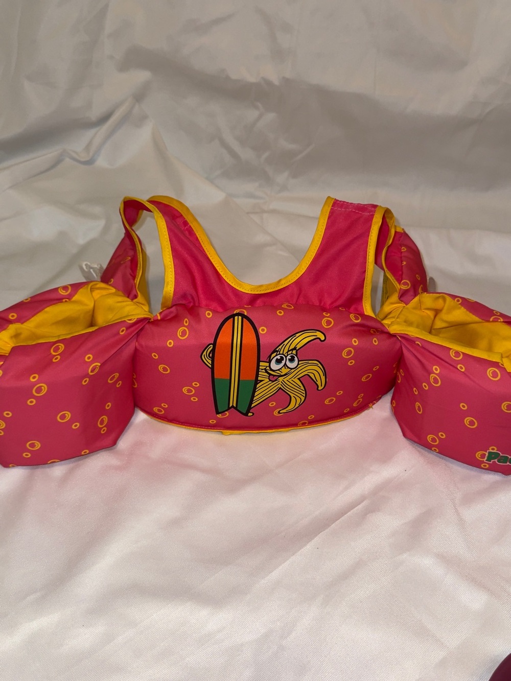 Kids Pink and Yellow Swim Float Vest with Surfing Banana Graphic